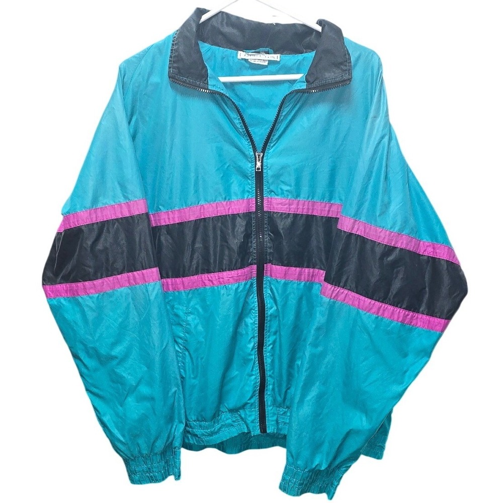 Vintage Izod Club Windbreaker Jacket Mens Large Teal Pink Black Colorblock 90s